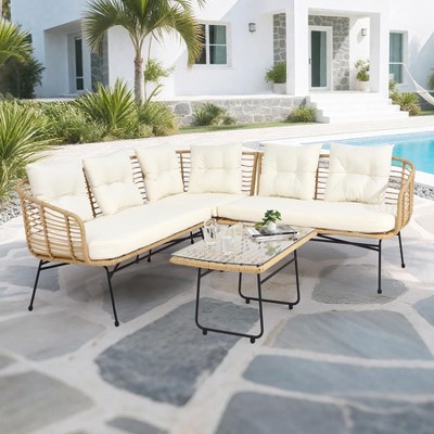 Outdoor Wicker Sofa Conversation Set - 4-Piece L-Shaped Sectional w/ Detachable Lounger & Glass Table, 500lb Capacity