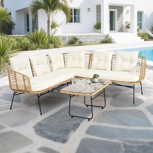 Outdoor Wicker Sofa Conversation Set - 4-Piece L-Shaped Sectional w/ Detachable Lounger & Glass Table, 500lb Capacity - 1 of 4