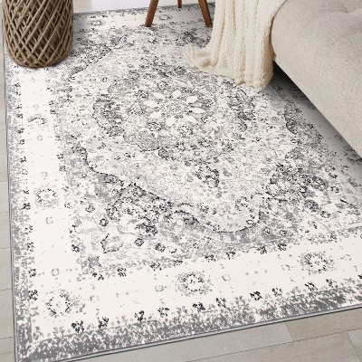 Gray Rectangular Synthetic Reversible Medallion Area Rug