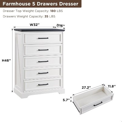 46" White and Black Farmhouse Wood 5-Drawer Dresser