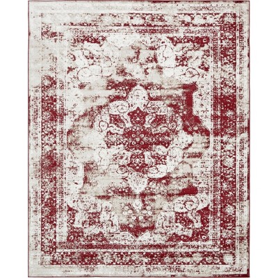 Burgundy and Tan Low Pile Synthetic Area Rug