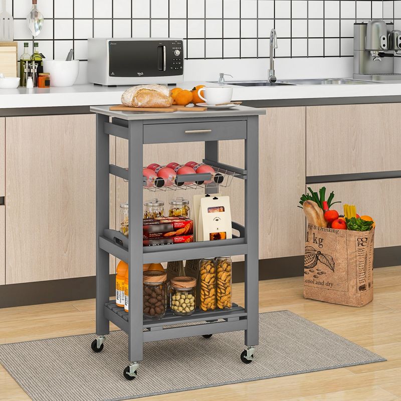 Costway Compact Kitchen Island Cart Rolling Service Trolley with Stainless Steel Top Basket, 3 of 11