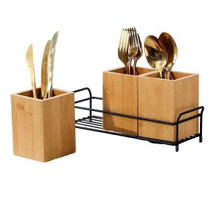 Bamboo Utensil Holder, Wood Cutlery Holder Silverware Caddy with 3 Detachable Compartments & Handles, Fork Spoon Knife Organizer for Kitchen - 1 of 4