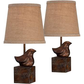 360 Lighting Rustic Farmhouse Accent Table Lamp 15 1/2" High Set of 2 Sculptural Crackle Dark Bronze Brown Natural Burlap Drum Shade for Bedroom House