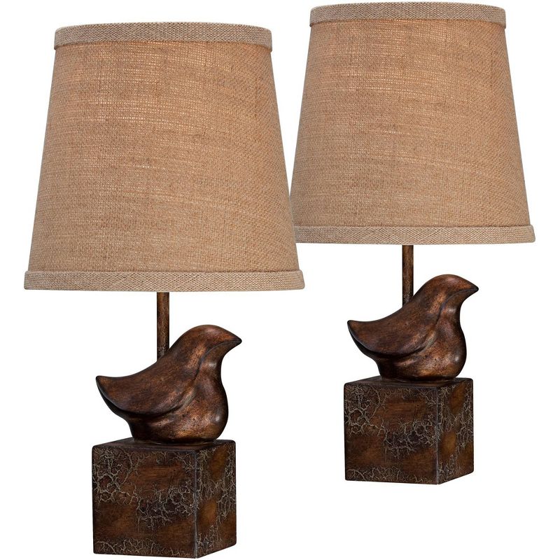 360 Lighting Rustic Farmhouse Accent Table Lamp 15 1/2" High Set of 2 Sculptural Crackle Dark Bronze Brown Natural Burlap Drum Shade for Bedroom House, 1 of 9
