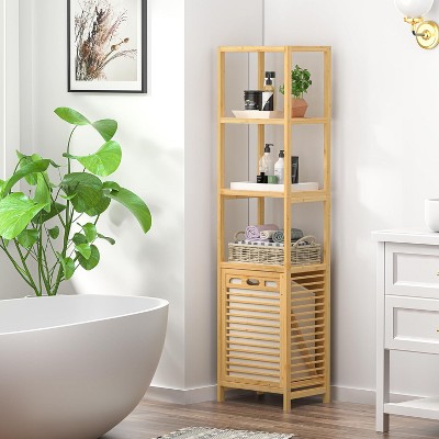 Bamboo Tilt Out Laundry Hamper,4-Tier Tilt Out Hamper for Laundry with Shelf&Removable Clothes Basket,Can Convert to 2-Tier Pull Out Laundry Hamper