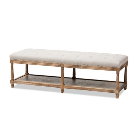 Celeste French Country Weathered Oak Linen Upholstered Ottoman