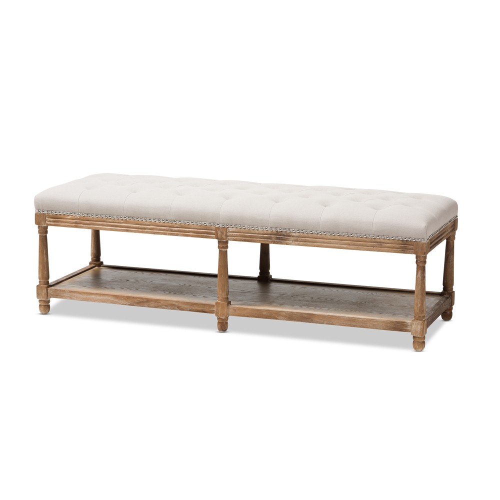 Photos - Pouffe / Bench Celeste French Country Weathered Oak - Linen Upholstered Ottoman Bench Bei