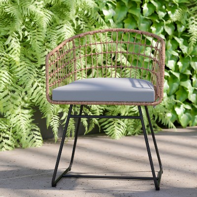 Natural Rattan Rope Patio Chair with Gray Cushions