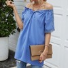 Anna-Kaci Women's Short Sleeve Peasant Blouse with Lace Trim Sleeves and Tie Neckline - 2 of 4