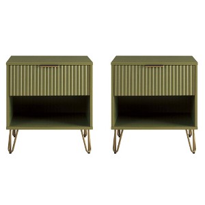 Manhattan Comfort Set of 2 Dumbo Nightstands with Drawer Olive Green: Modern MDF Construction, Metal Glides, Storage Shelf - 1 of 4