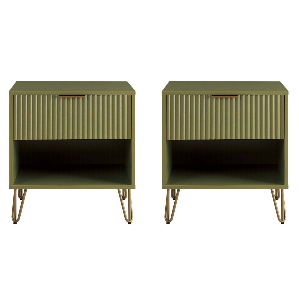 Manhattan Comfort Set of 2 Dumbo Nightstands with Drawer Olive Green: Contemporary Storage, Glossy Finish, Brushed Brass Hardware
