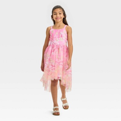 Kid Girl Floral Lace Design Sleeveless High Low Denim Dress