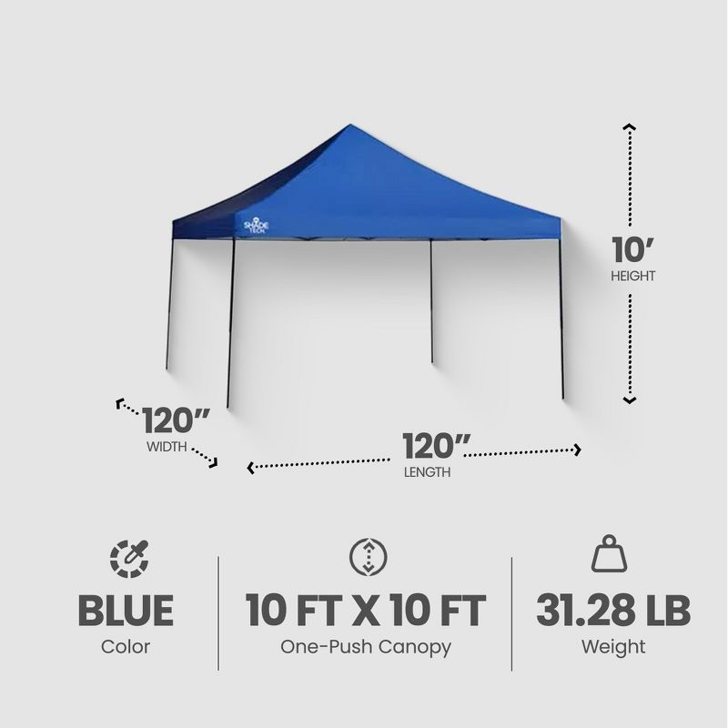 Quik Shade 10 by 10 Foot Shade Tech Foldable and Portable Single Push Instant Canopy with Central Hub for Outdoor Recreational Activities, Blue, 3 of 7