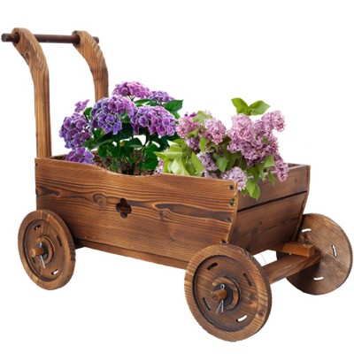 YONWAY Wooden Wagon Planter Box, Garden  with Wheels, Decorative Planter for Flowers Herbs Vegetables