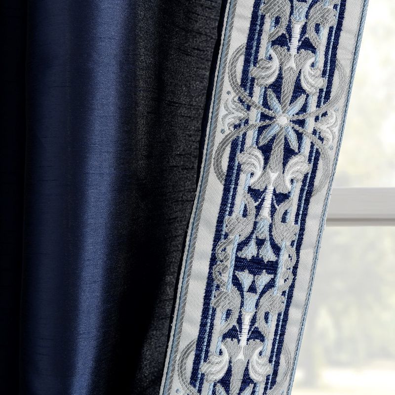 Luxury Traditional Regency Faux Silk Border Trim Window Curtain Panel Navy Single 52x84, 4 of 6