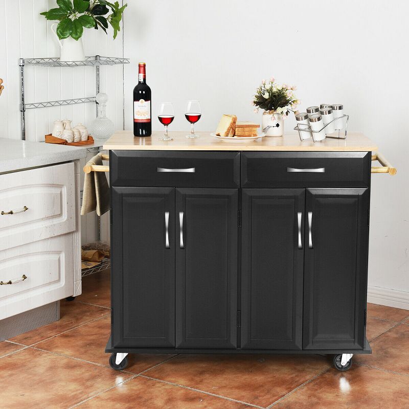 Costway Rolling Kitchen Trolley Island Black Cart Wood Top Storage Cabinet Utility W/ Drawers, 2 of 11