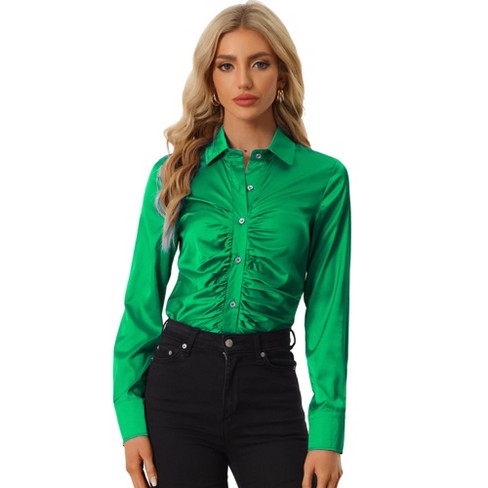 Allegra K Women's Long Sleeve Fashion Point Collar Button Up Satin Blouse  Green Medium