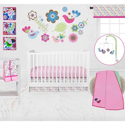Bacati - Botanical Floral Birds Pink Multicolor 10 pc Crib Bedding Set with 2 Crib Fitted Sheets