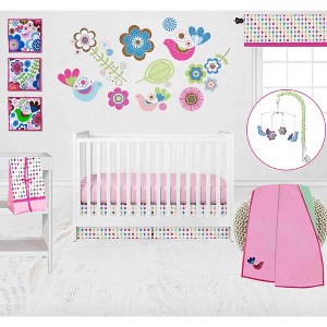 Bacati - Botanical Floral Birds Pink Multicolor 10 pc Crib Bedding Set with 2 Crib Fitted Sheets - 1 of 4
