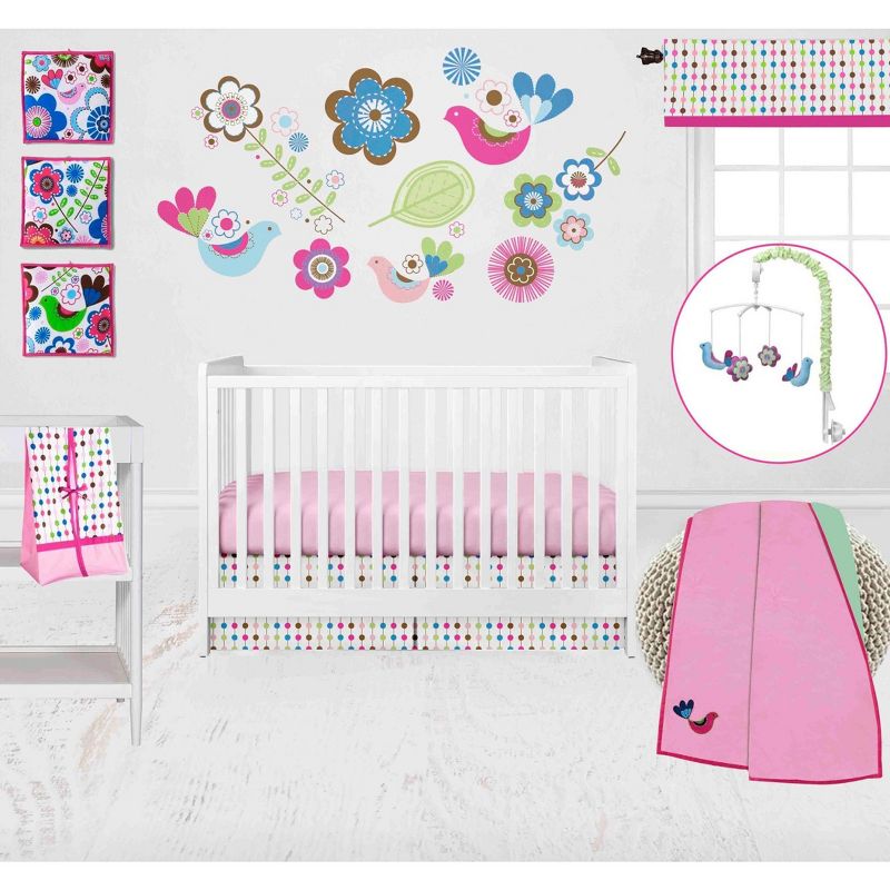 Bacati - Botanical Floral Birds Pink Multicolor 10 pc Crib Bedding Set with 2 Crib Fitted Sheets, 1 of 11