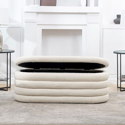 Ivory White Boucle 49" Upholstered Oval Storage Bench with Horizontal Tufting