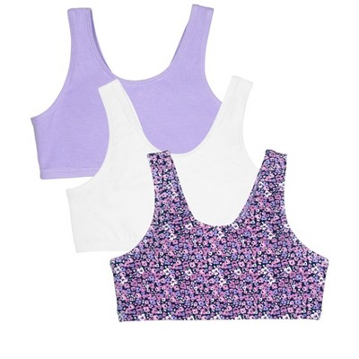 Fruit of the Loom Girls' Built Up Sports Bra 3-Pack Ditsy  Blooms/White/Hyacinth 40