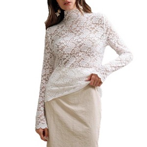 Coolmee Women's Mesh Long Sleeve Top Lace Sheer Tops See Through Mock Neck  Floral Embroidered Sheer Blouse White M : Target