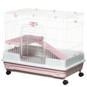 Resenkos Rabbit Hutch, Duck Cage Hutch,Rabbit Coop,2-Level Small Animal Cage Rabbit Hutch with Wheels, Removable Tray, Platform and Ramp, Pink - 1 of 4