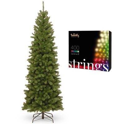 National Tree Company North Valley Spruce 7 Foot Slim Artificial Christmas Tree with Twinkly Bluetooth WiFi 400 LED RGB & White 105 Foot String Lights