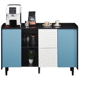 TiramisuBest Sideboard Buffet Cabinet, Black Storage with Blue Doors, 2 Drawers & Open Compartments, Modern Accent Cabinet for Kitchen & Dining - 1 of 4