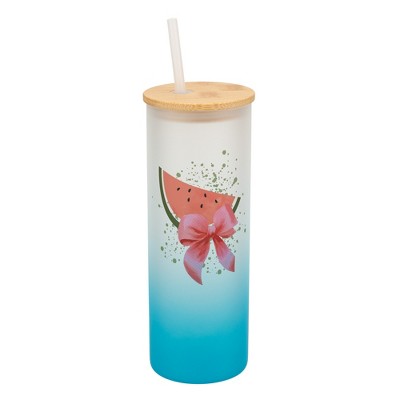 Elanze Designs 25 Ounce Frosted Glass Gradient Travel Tumbler With Straw and Wooden Lid, Watermelon Sky Blue