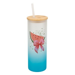 Elanze Designs 25 Ounce Frosted Glass Gradient Travel Tumbler With Straw and Wooden Lid, Watermelon Sky Blue - 1 of 1