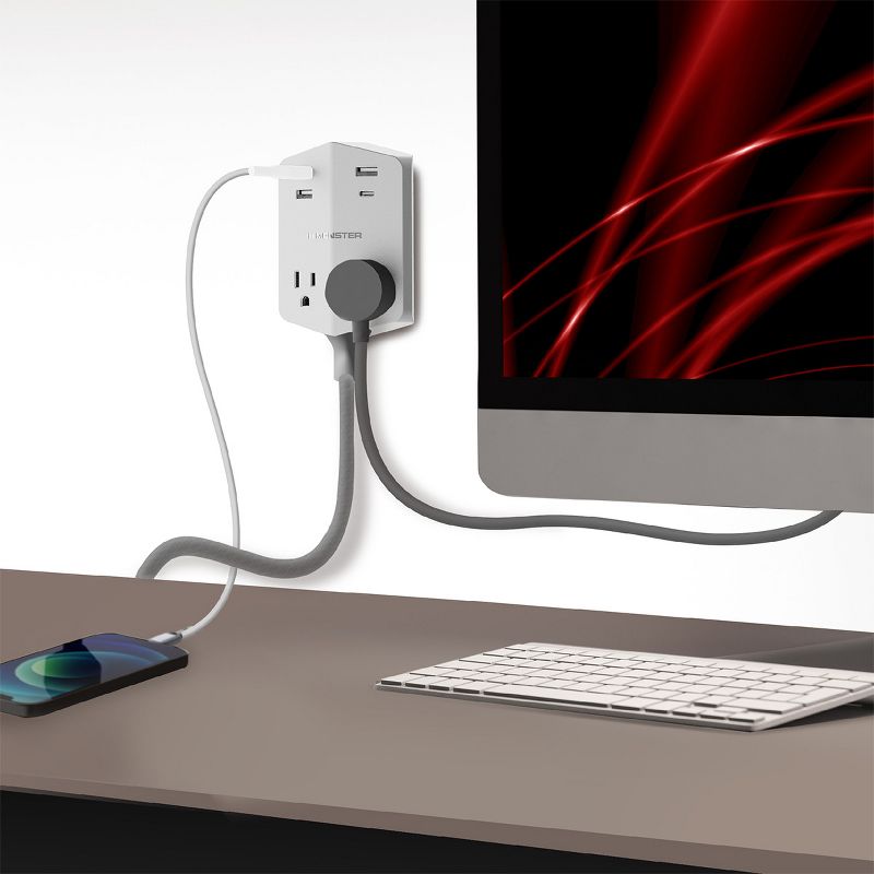 Monster Power Shield Moveable Power Outlet with 2 AC Outlets, 3 USB-A, 1 USB-C, Magnetic Plate, & 6 ft Cord (White), 3 of 12