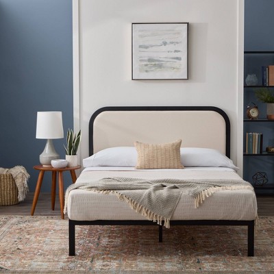 Black Metal Bed Frame with Rounded Upholstered Headboard