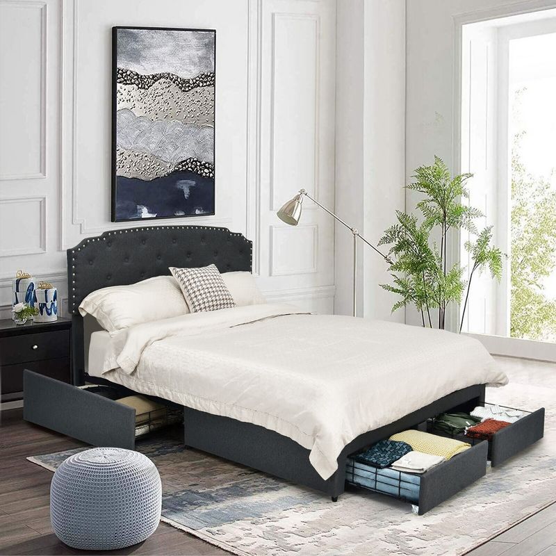 Tangkula Queen Platform Bed Frame with 4 Storage Drawers Adjustable Headboard Grey, 4 of 10