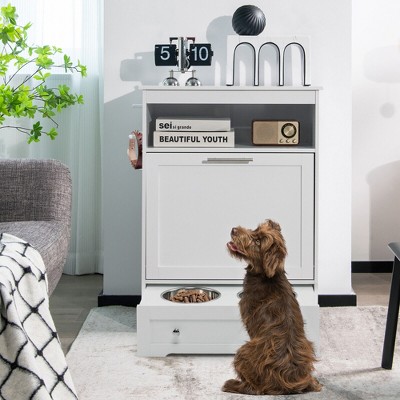 White MDF Dog Feeding Station with Storage Cabinet and Stainless Steel Bowls