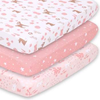 The Peanutshell Mini Crib Sheet Set for Girls - 3 Pack - Multiuse for Pack & Play, Playard, Playpen, Mini Crib, Pink Woodland Floral