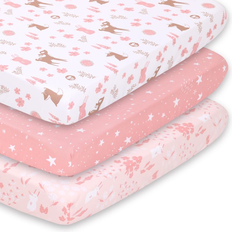 The Peanutshell Mini Crib Sheet Set for Girls - 3 Pack - Multiuse for Pack & Play, Playard, Playpen, Mini Crib, Pink Woodland Floral, 1 of 9