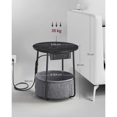 Ebony Black and Slate Gray Round Metal Side Table with Charging Station
