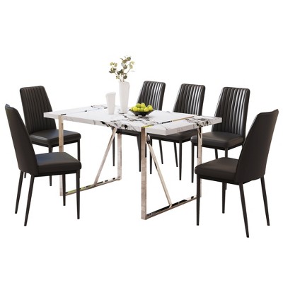 ChicFurnit Dining Sets Modern 7 Piece Faux Marble Dining Table Set with PU Leather Chairs for Kitchen Dining Room, White Black, 39.37"*19.49"*18.5"