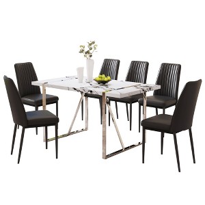 ChicFurnit Dining Sets Modern 7 Piece Faux Marble Dining Table Set with PU Leather Chairs for Kitchen Dining Room, White Black, 39.37"*19.49"*18.5" - 1 of 4