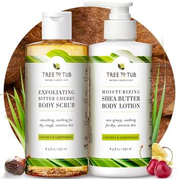 Tree To Tub Exfoliating Body Wash & Lotion Set - Body Scrub for Sensitive Skin Bitter Cherry Cocoa Butter Lotion for Dry Skin w/ Organic Shea Butter