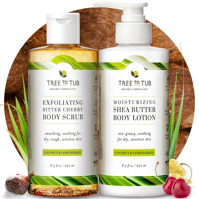 Tree To Tub Exfoliating Body Wash & Lotion Set - Body Scrub for Sensitive Skin Bitter Cherry Cocoa Butter Lotion for Dry Skin w/ Organic Shea Butter, 1 of 12