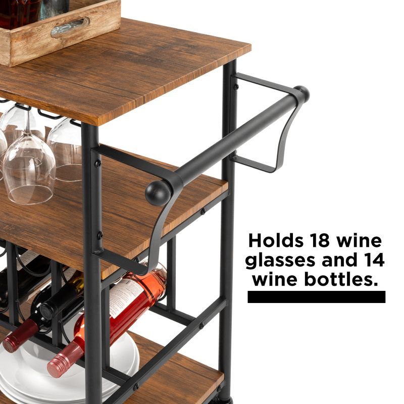 Best Choice Products 45in Industrial Wood Shelf Bar & Wine Storage Service Cart w/ Bottle & Glass Racks, Locking Wheels, 5 of 11