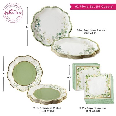 Sage Green and Gold Botanical Garden Party Tableware Set for 16 Guests