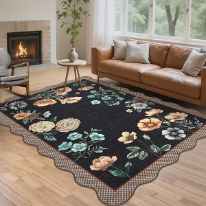 Floral Rugs for Living Room Bedroom Soft Washable Rug Scalloped Edge Plaid Pattern Area Rug Non-Slip Low Pile Rug - 1 of 4