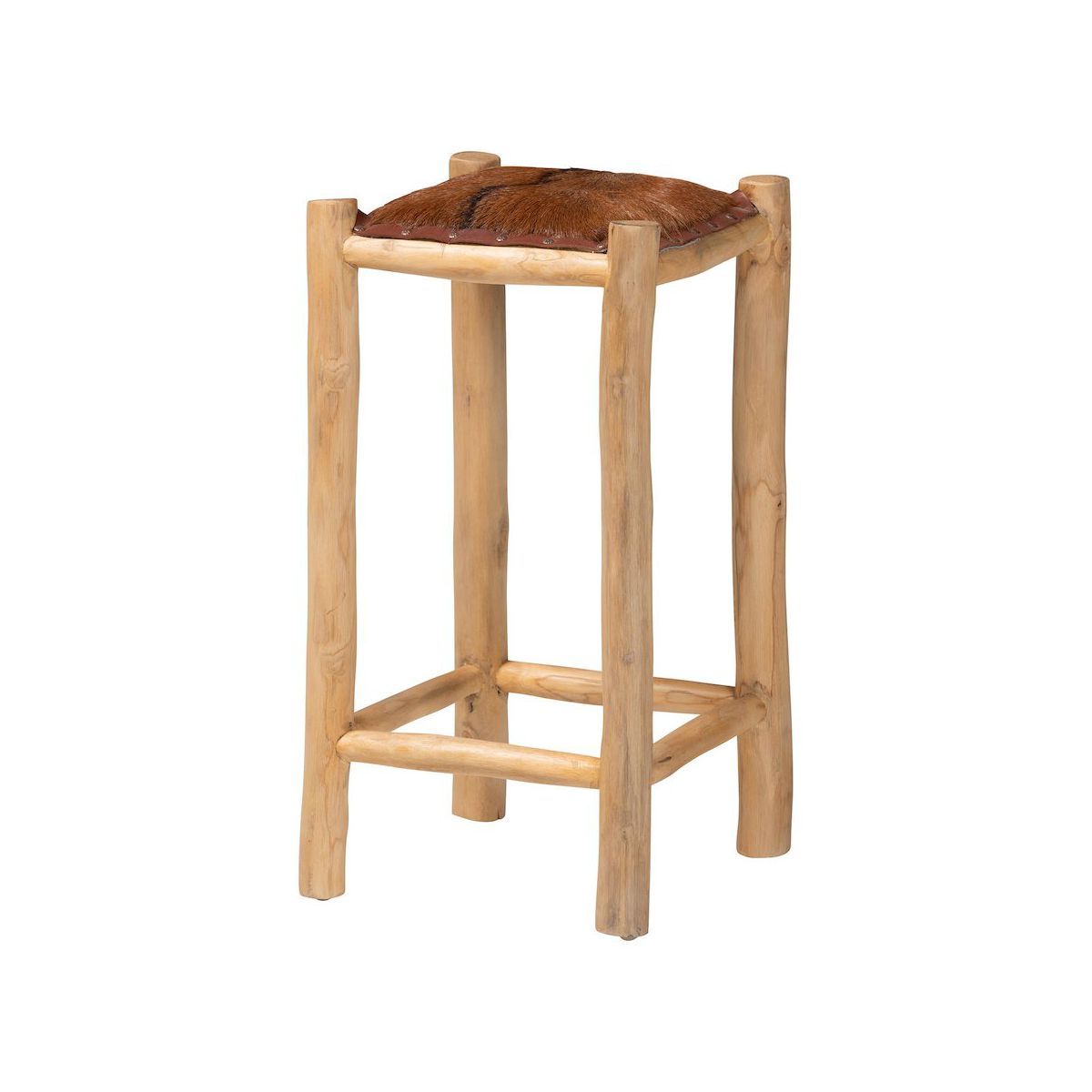bali & pari,Rivera Genuine Goat Leather Counter Stool - Rustic Boho Seating with Teak Wood