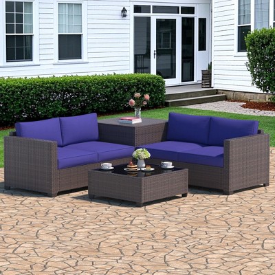 Decksplore Outdoor Lounge Set PE Wicker with Iron Frame Navy Blue Sofa & Coffee Table Combo