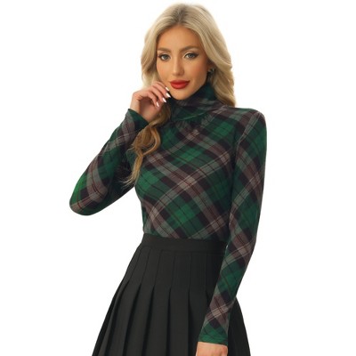 Allegra K Women's Turtleneck Long Sleeve Stretch Slim Plaid Casual Blouse